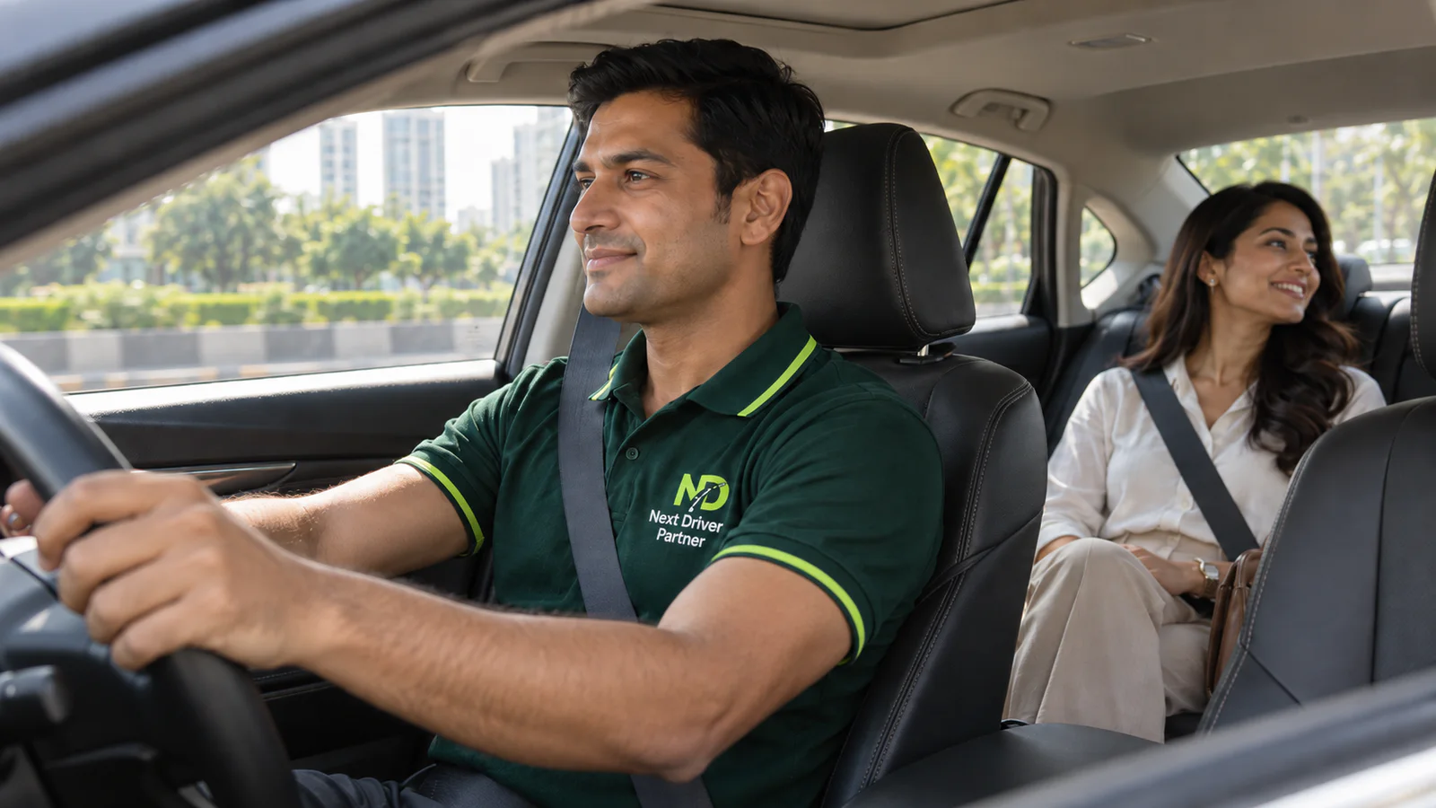 A Next Driver Partner driving while the customer relaxes in the back seat