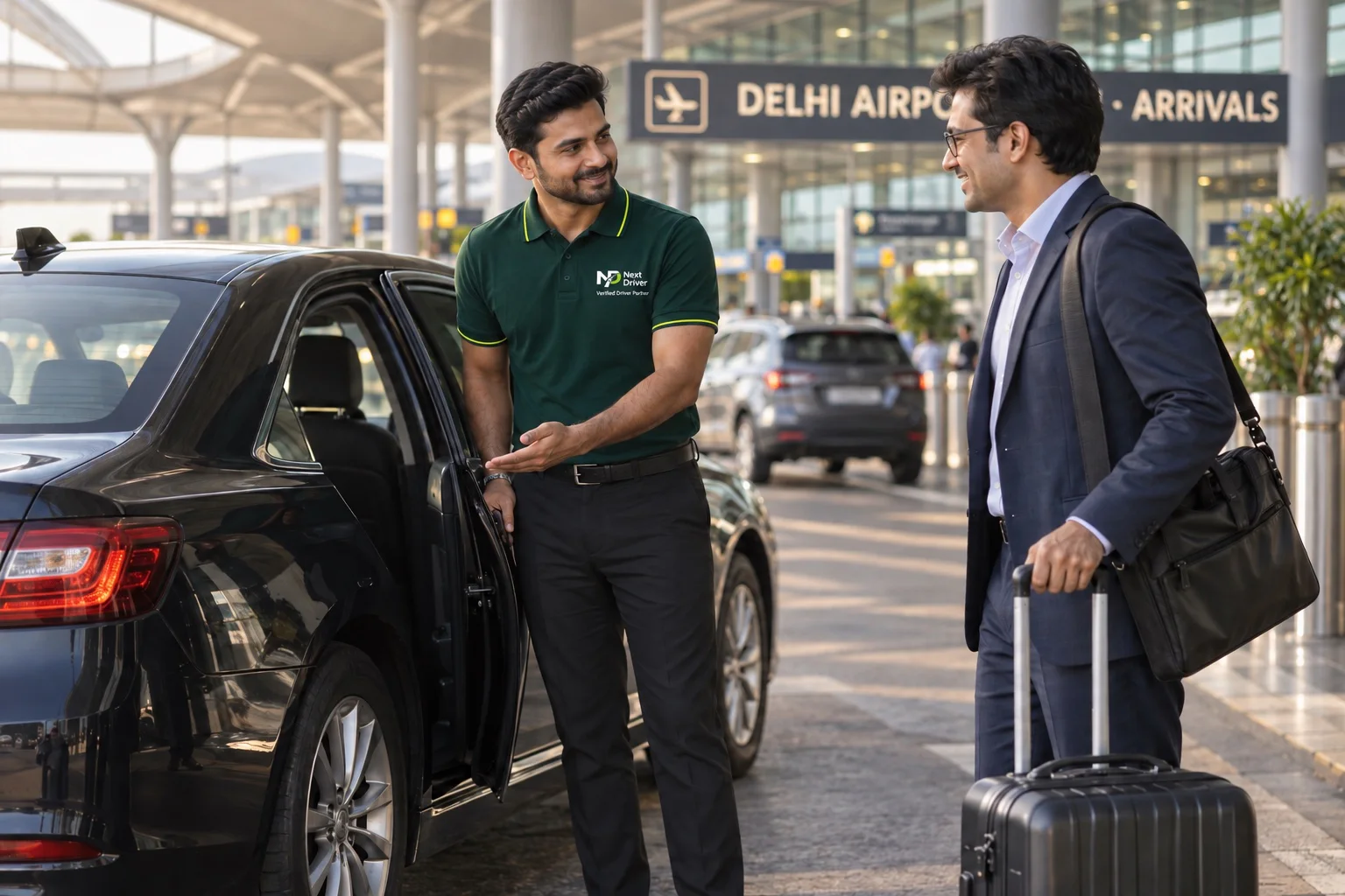 A uniformed Next Driver Partner welcoming a customer beside the customer’s own car at Delhi Airport arrivals