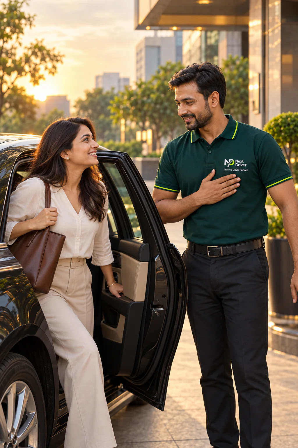 A customer arriving comfortably beside a Next Driver Verified Driver Partner in his branded polo