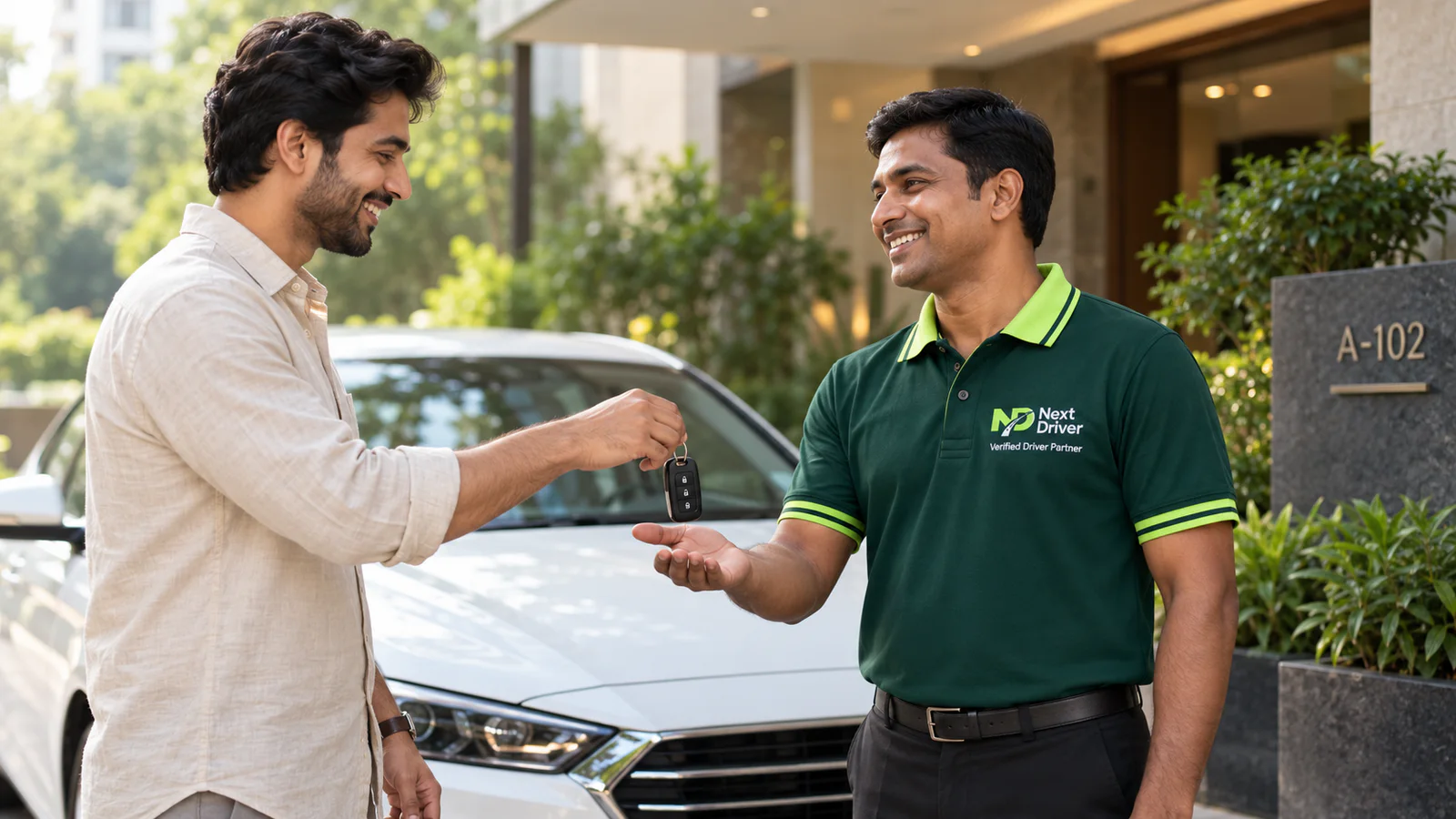 A smiling customer handing his car keys to a Next Driver Partner