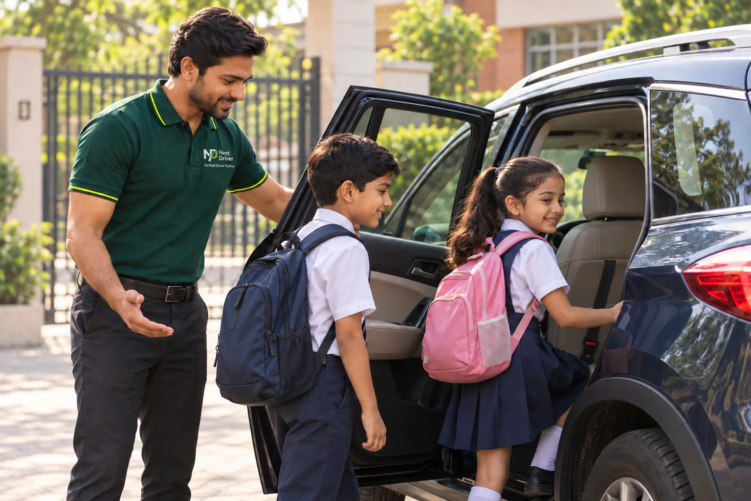 A verified Next Driver Partner welcoming a schoolboy and schoolgirl into the rear seat of their family car