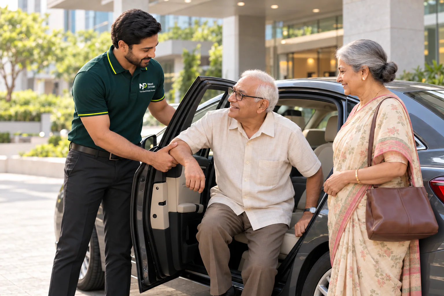 A smiling verified Next Driver Partner respectfully helping an elderly gentleman enter the rear seat while his wife waits beside their car at a hospital